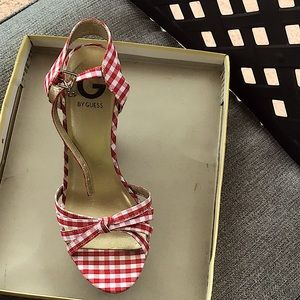 Guess red and white gingham platform heels